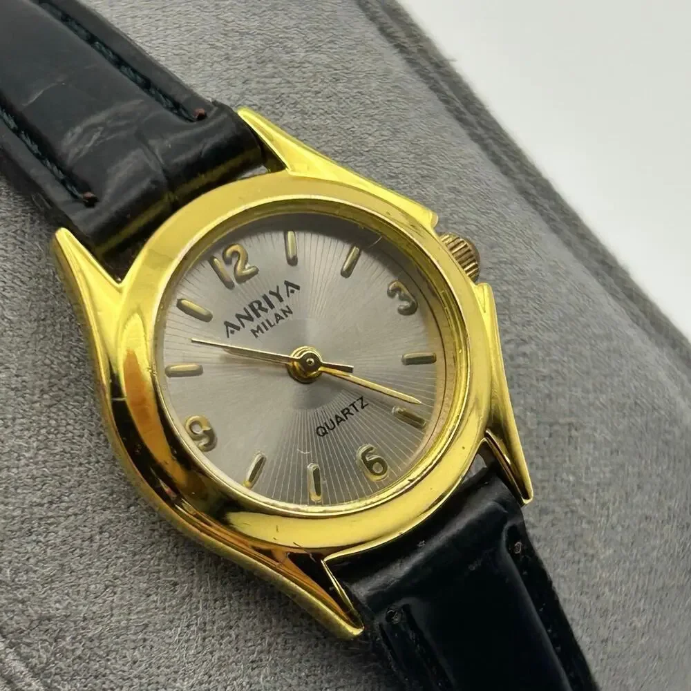 Anriya Milan Gold-tone Black Genuine Leather Women’s Quartz Watch New Battery